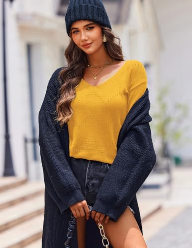Image of Zeagoo Womens Sweaters Fall Trendy Casual Long Sleeve Shirt Lightweight V Neck Off Shoulder Crochet Pullover Top Outfit
