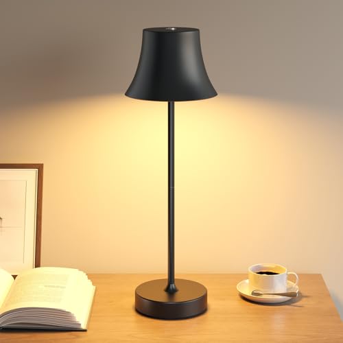UPXNBOR Lampada da Tavolo LED Senza Fili, Ricaricabile, per Interni ed Esterni, Luce Calda Dimmerabile a 3 Livelli, IP54 Impermeabile, Corpo in Metallo Curvo, Nero