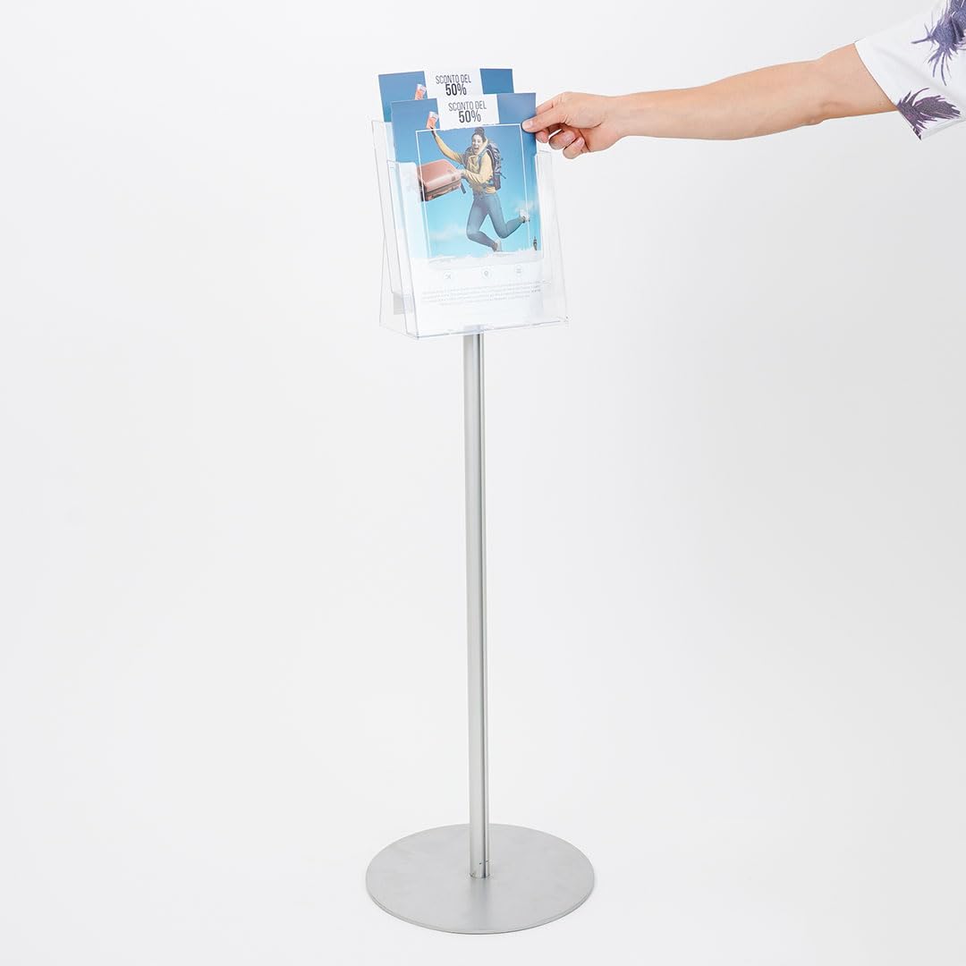 Danieli - Porta Depliant da Terra in Acrilico Trasparente A4 con 2 tasche, per Riviste e Brochure. Porta Volantini Resistente da Utilizzare come Espositore per Ufficio e Negozi. (Alluminio Silver)