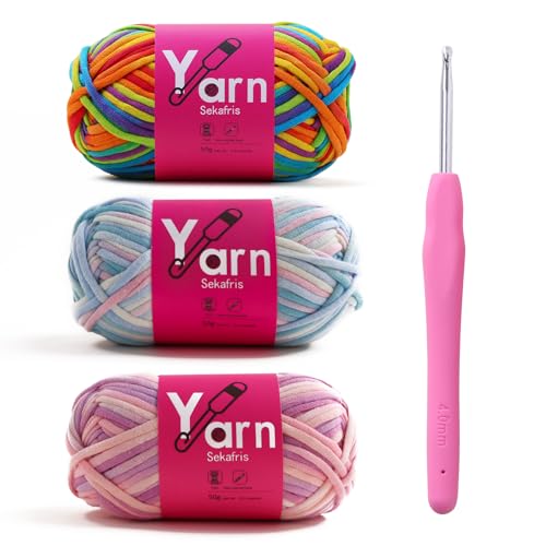 Image of Crochet Yarn with Cotton Yarn for Crocheting - Crochet Knitting Yarns for Beginners with Easy-to-See Stitches - Yarn for Crocheting - Parfait Chunky Yarns(Rainbow+Clouds+Pinkish Purple)