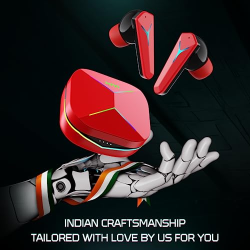 Image of Mivi Commando Q9 Gaming TWS with Aurora Light, Dual RGB,13mm Electro-Dynamic Drivers, 72Hrs Playtime,35MS Low Latency,Type C Charging,Quad Mic ENC, Made in India Gaming Earbuds - Red