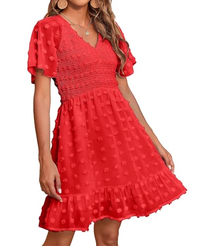 BTFBM Womens Beach Vacation Dress Summer 2025 V Neck Short Sleeve Smocked Swiss Dot Cute Ruffle Casual Fall Mini Dresses