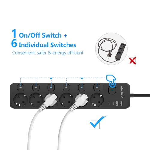 JSVER Multiprise USB avec Interrupteurs individuels,Multiprise avec 6 Prises et 2 USB A,2 USB,Bloc Multiprises (3680W 16A) USB avec Cable 2m pour Smartphone Tablette- Noir – vue 3