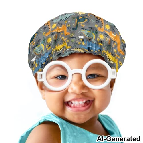 Image of Kids Satin Bonnet Dinosaur Sun Print Sleep Cap for Curly Natural Hair Double Layer Home School Travel Headgear Hair Cap Sleeping Hat Beanie for Boys Girls Toddler Children Baby