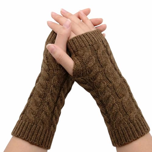 Image of Kraptick Women's Cable Knit Fingerless Gloves - Winter Soft Woolen Arm Warmers with Thumb Hole - Thermal Half Finger Mittens for Typing, Driving & Texting (Free Size, Khaki)