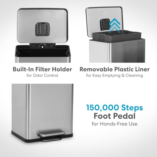 Image of SIMPLI-MAGIC 50 Liter / 13.2 Gallon Soft-Close, Smudge Resistant Trash Can with Foot Pedal and Built in Filter- Stainless Steel, Sleek Finish