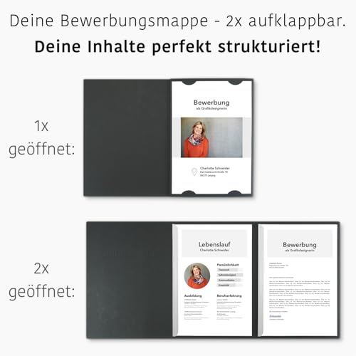 3 Stück 3-teilige Bewerbungsmappen Schwarz mit 2 Klemmschienen in feinster Lederstruktur