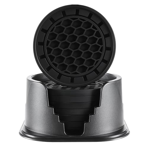 Amooca Silicone Coasters 8 Pack with Holder Anti-Slip Non-Stick Drink Coaster Deep Tray Cup Mat for Hot or Cold Drinking Black Gear