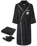Armani International Bathrobe + Slippers + Hand Towel X-Large Black-Silver Embroidered Pipeds