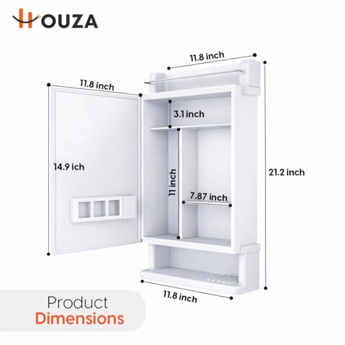 Image of HOUZA Premium Look Plastic Wall Mounted Bathroom Mirror Cabinet with Storage | Waterproof Storage Organizer with Shelves | Bathroom Accessories (White)