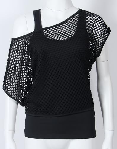 Smile Fish Women Casual Sexy 80s Costumes Fishnet Neon Off Shoulder T-Shirt