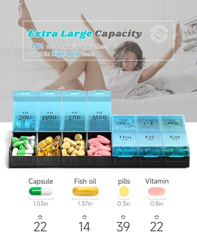 Image of 7 Day Extra Large Pill Organizer 2 Times a Day, Weekly Pill Box Twice a Day, XL AM PM Pill Case, Oversized Daily Medicine Organizer for Vitamin, Big Pill Container (Cyan) | Easy-Open, High-Capacity, Bold-Letters, Senior-Friendly, AM /PM, Weekly-Tracking, BPA-Free, Long-Lasting