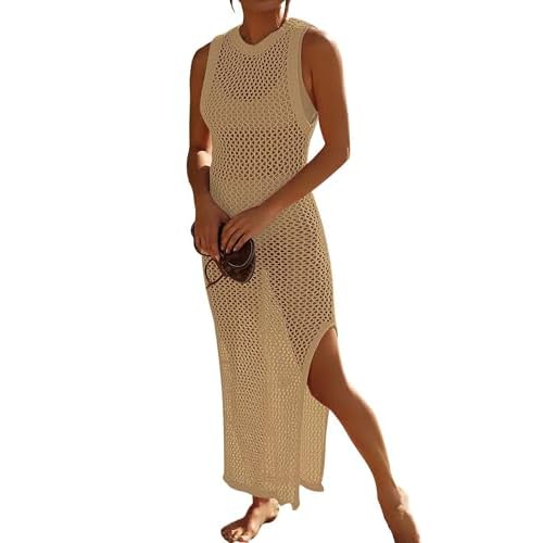 Bsubseach Crochet Cover Ups for Swimwear Women Hollow Out Swimsuit Coverup Backless Bikini Beach Dress Khaki