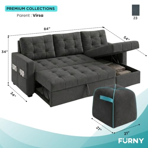 Image of CASASTYLE Sumur 5 Seater RHS L Shape Sofa with Pull Out Bed, Storage Lounger & Suri Pouf Ottoman | Soft Velvet Suede Fabric | Comfort Cushions | Ideal for Living Room, Hotel & Office (Dark Grey)