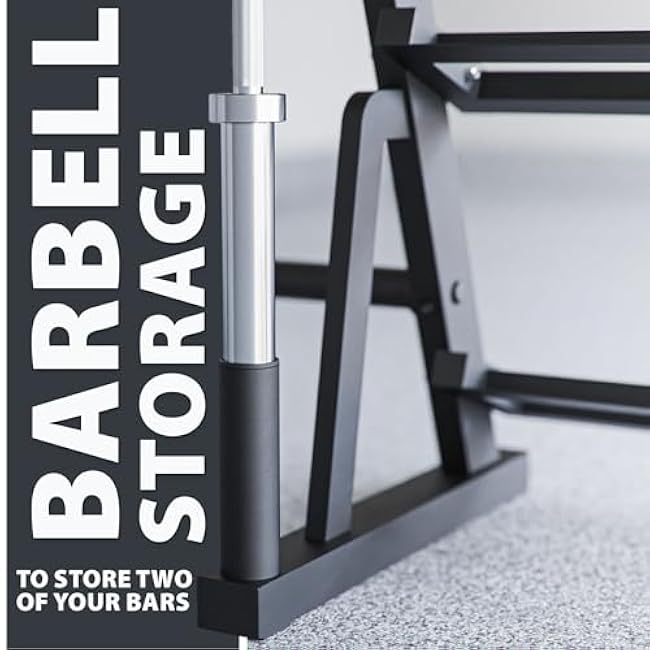 Synergee 3-Tier Dumbbell Storage Rack with 2 Barbell Holders and 4 Weight Plate Pegs, Featuring 2-Tier Dumbbell Storage and 3rd Tier for Kettlebell Storage ¨C Accommodates 1 and 2 Plates ¨C All-in-One