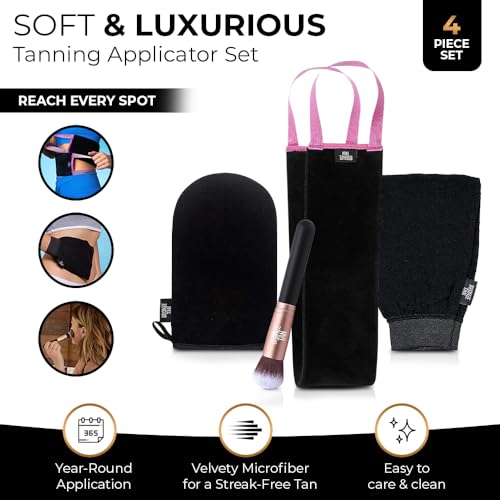 Bronze Tan Self Tanner Accessory Kit - Includes Self Tanning Mitt, Tan Remover Exfoliating Mitt, Easy-Reach Back Applicator, Tanning Brush Applicator for Face & Hands - Sunless Tanning Application