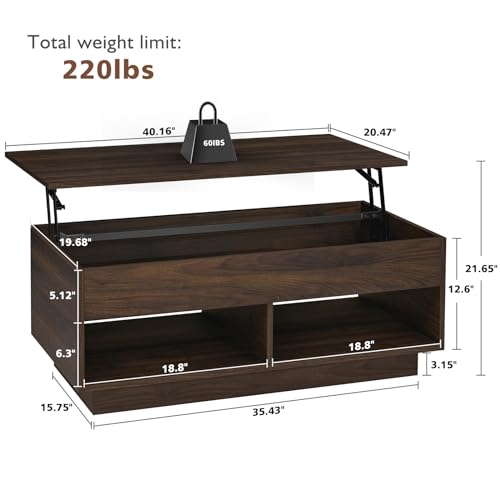 HOMMPA LED Coffee Tables for Living Room, 40 Inch Lift Top Coffee Table with Hidden Storage Mid Century Modern Center Table, Smart Gaming Tea Tables for Home Office Walnut