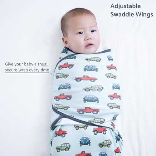 Image of LollyBanks Swaddle Sack 0-3 Months, 100% Organic Cotton Baby Swaddle with Easy Change Zipper, Soft and Breathable Newborn Sleep Sack for Boys, Gentle Baby Wrap, Newborn Essentials (Vehicle Print)