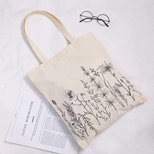 Reginary-4-Pcs-Canvas-Tote-Bag-for-Women-Floral-Cat-Mushroom-Tote-Bags-Aesthetic-Reusable-Shopping-Tote-Bag-for-Christmas-GiftWildflower