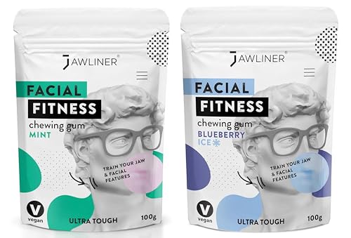 Jawliner Fitness Chewing Gum 15X Harder Jawline Gum Sugar Free Mint and Blueberry Jaw Gum Includes 12 Weeks Coaching - Jawline Exerciser for Mewing & Shaping the Jaw (4 Months Pack of 2 Flavor)