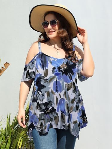 Image of LARACE Cold Shoulder Tops for Womens Summer Clothes Spaghetti Strape Tunic Oversized Shirts Asymmetrical Plus Size Blouse