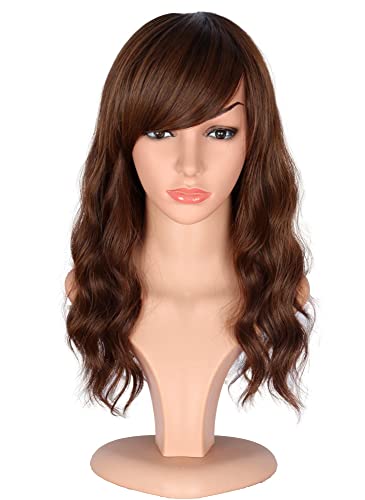 SPEEDM Medium length Brown wavy wigs with bangs for women natural looking synthetic heat resistant brown wave wigs For Daily Cosplay Party Use 18 inches wavy wigs(Ombre Brown)