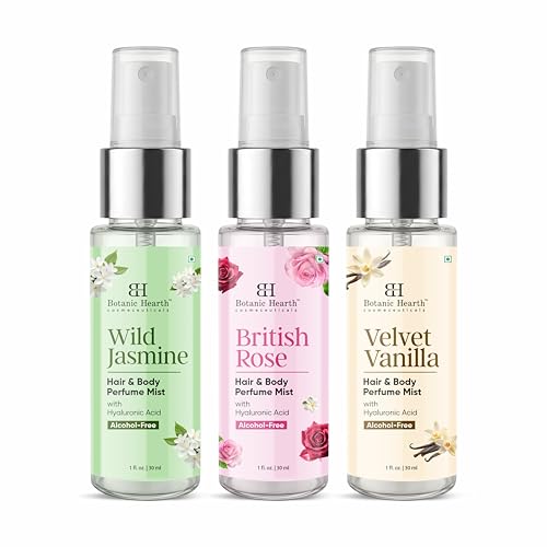 Image of Botanic Hearth Hair & Body Perfume Mist Set for Women 30ml (Pack of 3) - Wild Jasmine, British Rose & Velvet Vanilla Alcohol-Free Fragrance Spray with Hyaluronic Acid
