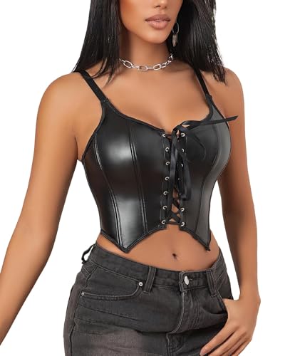Corset court en similicuir sans manches avec lacet frontal pour sculpter la silhouette en noir