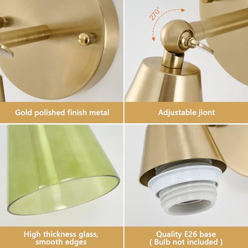 Image of MWZ Gold Wall Sconce Decor Set of 2,Modern Brushed Brass Sconces Lighting with Green Glass Shade,Bathroom Light Fixtures Over Mirror,Vanity Lights Over Sink,Indoor Wall Mount Adjustable Angle Lamp