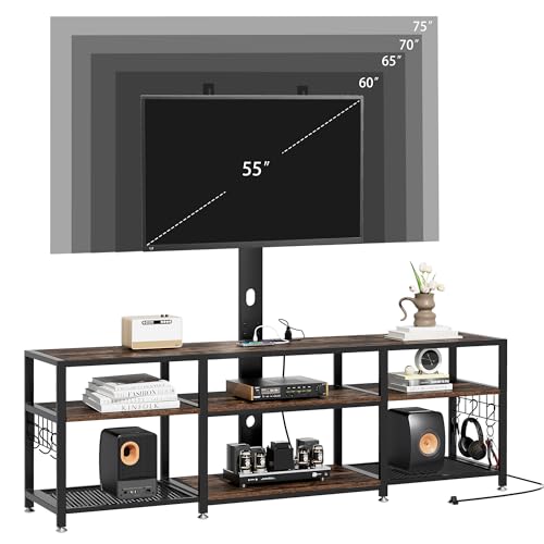 Image of VECELO TV Stand with Mount and Power Outlet, Height Adjustable Entertainment Center with Storage Shelves for 32 /55 /65 /70 /75 inches Televisions, Console Table for Living Room, Bedroom, Rustic Brown