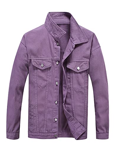 Image of PRIJOUHE Denim Jacket For Men Casual Loose Fit Jean Jackets Long Sleeve Button Down Trucker Coat Distressed Outerwear