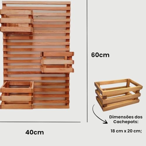 Jardim Vertical 60 x 40 Painel Madeira 3 Cachepots 18x20