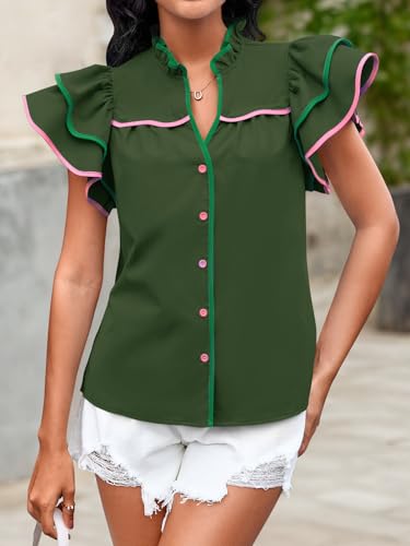 Image of Tankaneo Womens Ruffle Sleeve Boutique Babydoll Tops Summer V Neck Blouse Color Block Dressy Casual Loose Fit Shirts