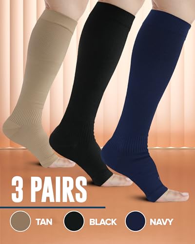 Image of Doctor's Select 3 Pairs Copper Toeless Compression Socks Women & Men - 20-30 mmHg Open Toe Compression Socks Knee High Women