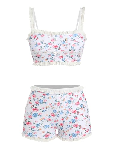Image of ZAFUL Womens High Waisted Bikini Sets 2 Piece Plaid Ruffle Swimsuits Back Strap Top with High Waisted Shorts Bathing Suit