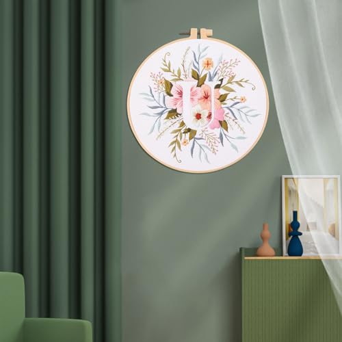 Image of IUHUI Embroidery Kit for Beginners Adults - 26 Floral Letters Easy Patterns, DIY Hand Stitching Embroidery Set with Hoop (Flower and Grass Letter U)