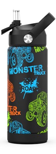 Monster Trucks Boys Water Bottle with Straw,550 Ml Kids Insulated Cups with Stainless Steel Leak Proof for School,Sport&Travel