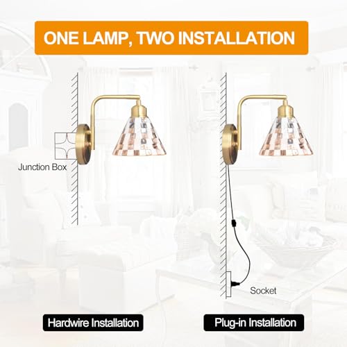 Image of Mother-of-Pearl Shell Brass Wall Sconce, Natural Shell Mosaic Shade Modern Wall Lamp with Edison LED Bulb, Plug-in or Hardwire Bedside Wall Light for Living Room, Bedroom, Hallway, Dining Room, Foyer