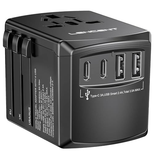 LENCENT Universal Travel Power Adapter, International AC Plug Adaptor with 2 USB C 2 USB A Ports Wall Charger Worldwide Travel Essentials for US to EU UK Ireland Australia (Type C/G/A/I) Black