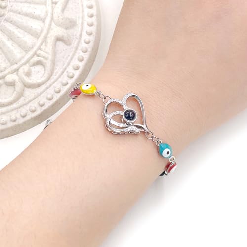 Image of 100 Languages I Love You Projection Heart Charm Evil Eye Chain Bracelet Adjustable Good Luck Jewelry Valentine's Day Anniversary Birthday Protection Gift for Women Mom Wife