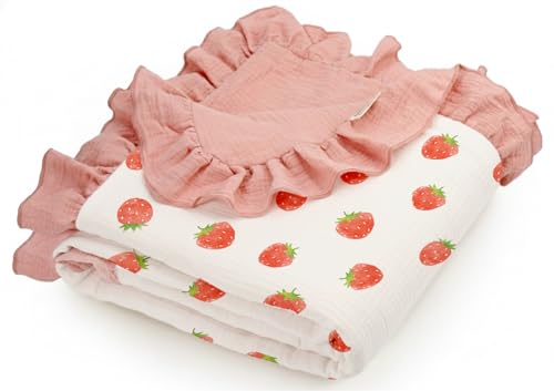 Image of Muslin Ruffled Baby Blanket, Extra Large 52 x 52 Inches, Soft Breathable Cotton Crib Blanket for Newborn Infant Toddler (Blush Berry-Ruffled, Printed)