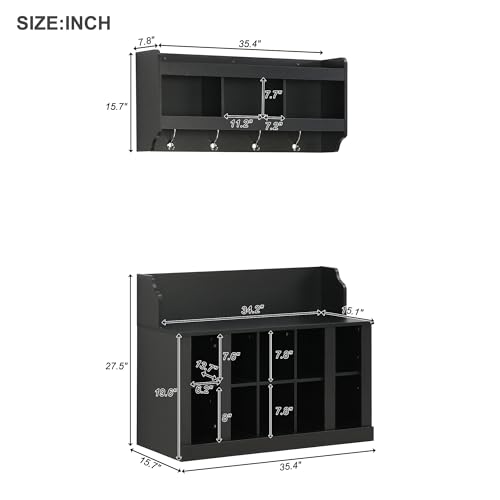 Image of Shoe Storage Bench with Shelves and 4 Hooks, Entryway Hall Tree with Shoe Cabinets with Coat Rack