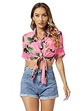 Hawaiian Shirts for Women Pineapple Print Tie Front Roll up 3/4 Sleeve Button Down Lightweight Crop Summer Tropical Top A Pink M