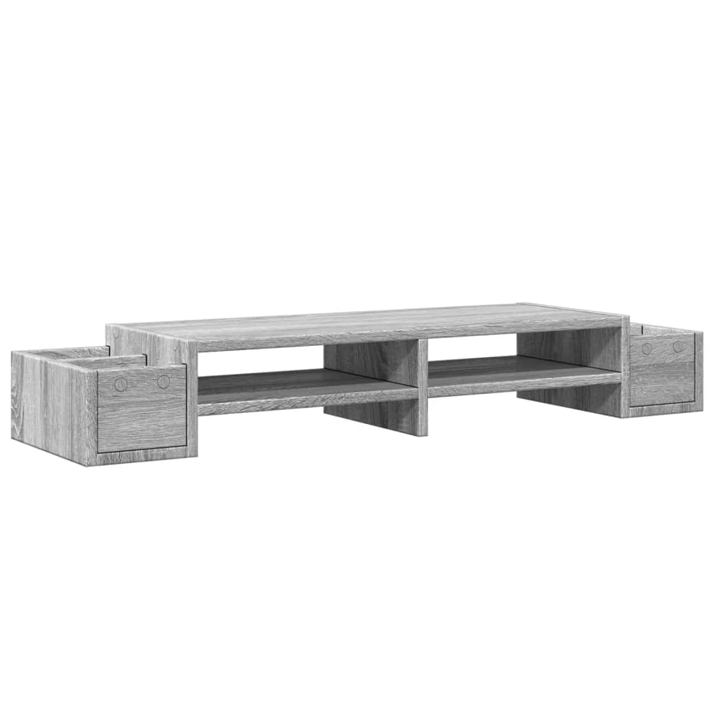 Supporto per monitor con vano portaoggetti, grigio Sonoma, in legno, 100 x 27 x 15 cm, 4 scomparti, supporto da scrivania autoportante per home office, gaming, ufficio e altezza ergonomica