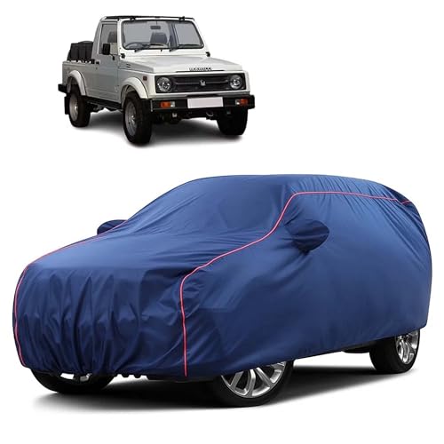Image of Sulfar 100% Water Resistant Car Body Cover Compatible with Mirror for Maruti Suzuki Gypsy (Triple Stitched, Full Bottom Elastic, Blue Taffeta with Red Piping)