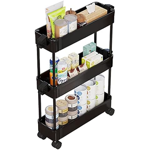 JIUYOTREE 3-Tier Slim Storage Trolley with Rolling Wheels, Standing Shelf Unit Organizer for Kitchen Bathroom Laundry Room and Narrow Places,Black Cover