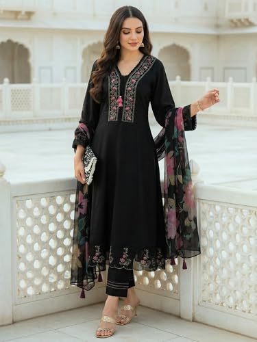Image of INDO ERA Women's Silk Blend Embroidered A-Line Kurta & Pant with Dupatta Set