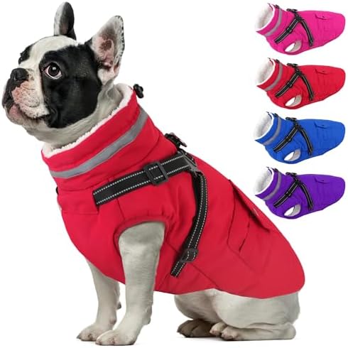 Dogcheer Dog Coat with Harness, Waterproof Dog Jacket Christmas Puppy Winter Coat with Pockets, Reflective Doggy Winter Jacket Soft Pet Fleece Snow Jacket for Small Medium Large Dogs - Red, S