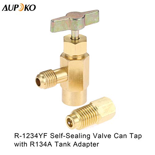R1234YF Self-Sealing Can Tap with R134A Tank Adapter, 1/2’’ to 1/4’’ SAE Refrigerant Can Bottle Tap Opener with 1/4’’ SAE Female and 1/2’’ Male Adapter