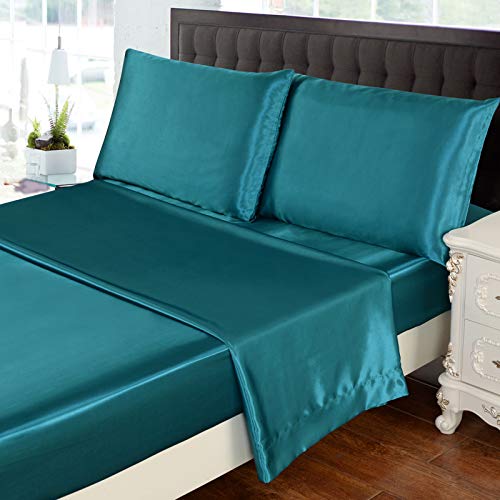 Hollyhome Silky Soft Luxury 4 Piece Deep Pocket Full Satin Sheet Set, Free Fitted Sheet Straps Included, Teal #TOP2